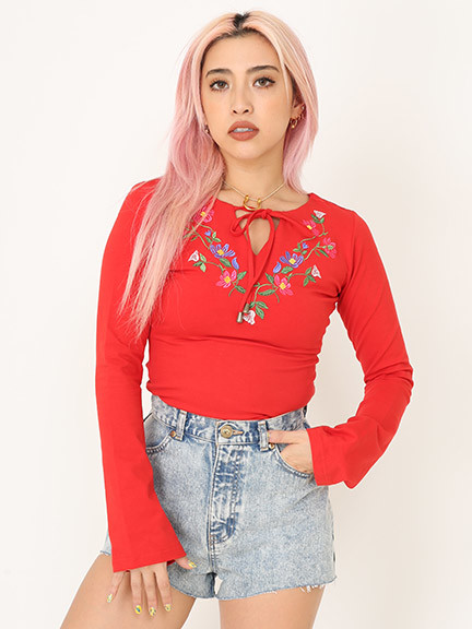 刺繍ペザントルックTOP(ブラック)